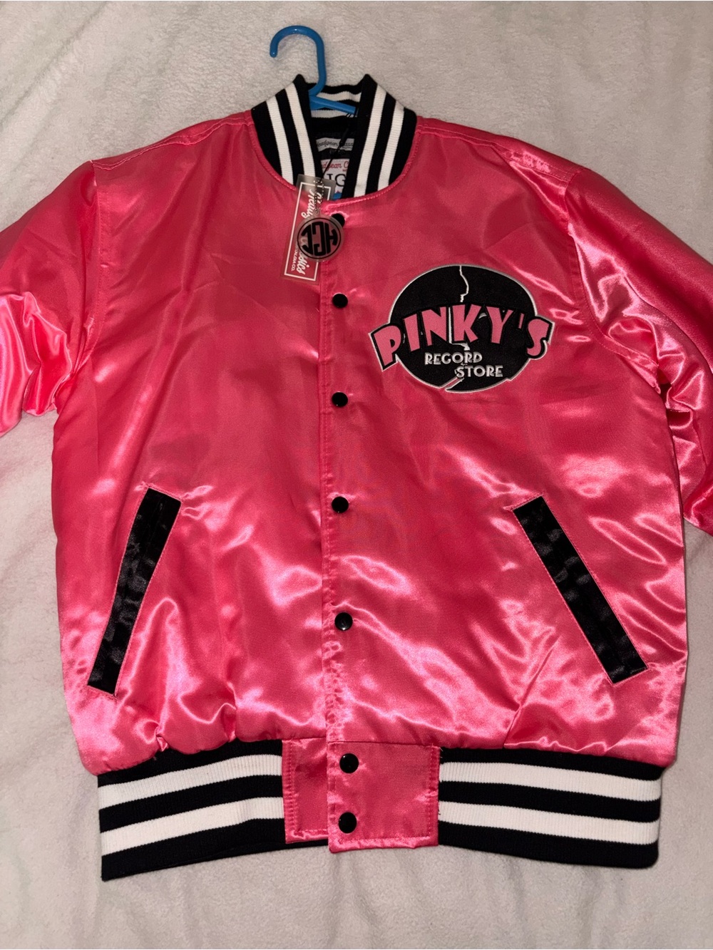 Pinky's Pink Satin Bomber Jacket with Contrast Trim